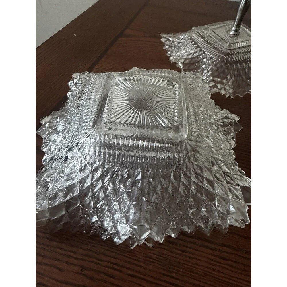 Vintage Clear Diamond Square Glass 5 Candy Dishes with Silver Pedestal
